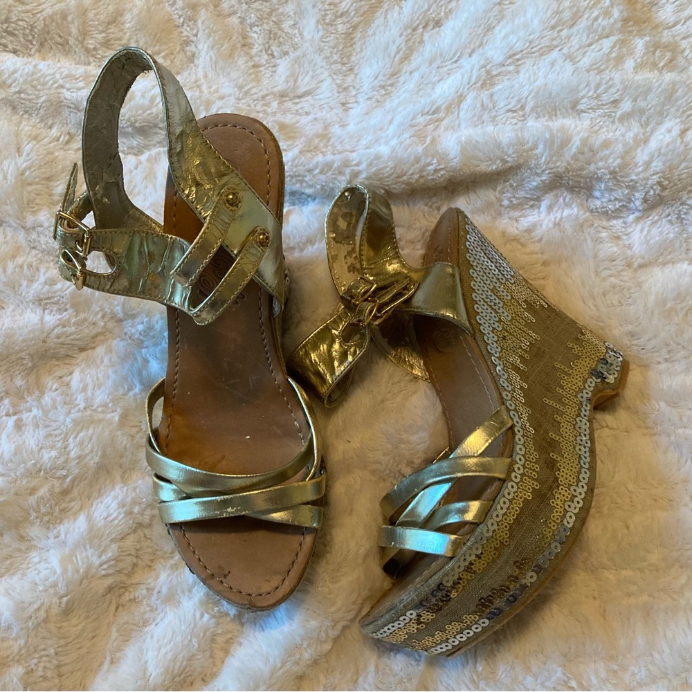 Gold Sequin Platform Sandals by naughty monkey, 5” Heels, sz 8